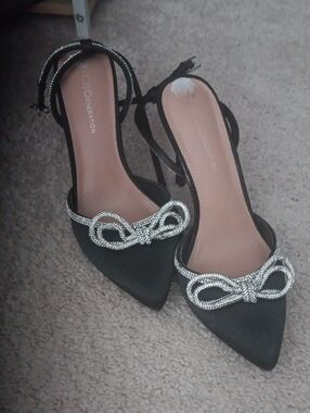 BCBGeneration Black Pointed Toe Slingback Heels with Crystal Bow